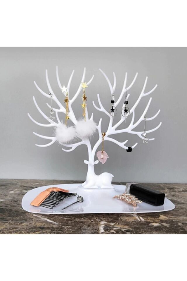Geyik Tasarımlı Küpe Kolye Bilezik Takı Mücevher Standı Tepsisi Ağacı Organizatör Beyaz