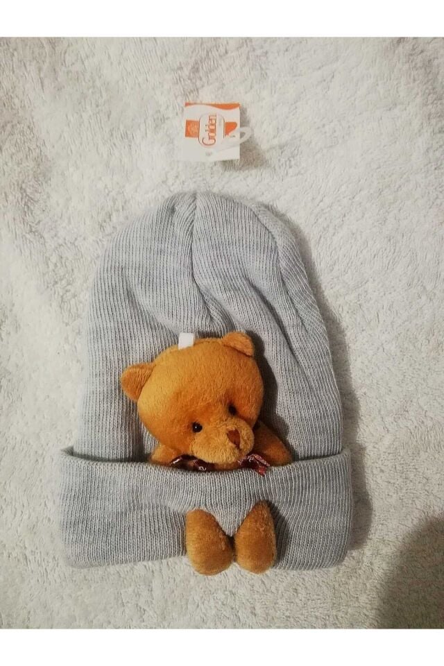 0-10 Yaş Uyumlu Çocuk Peluş Ayıcıklı Bere Açık Kahve