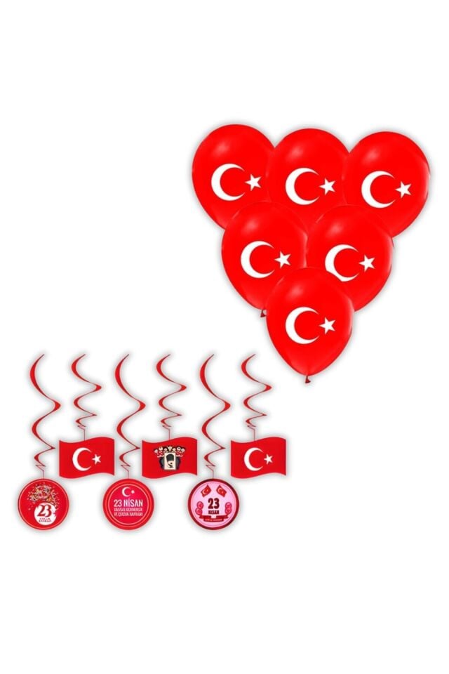 23 Nisan Süsleri 6 lı Tavan Sarkıt Süs ve Ay Yıldız Baskılı Balon 10 lu 23 Nisan 29 Ekim Bayram Süsl