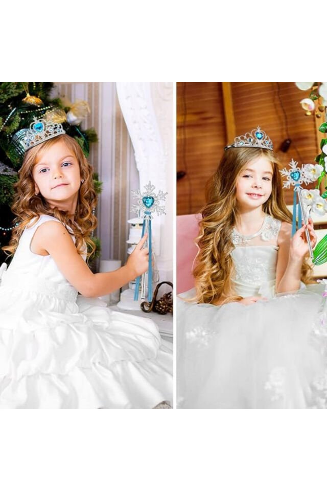 Karlar Ülkesi Elsa Mavi Kalp Tacı Ve Kar Temalı Asası Asa Taç Seti