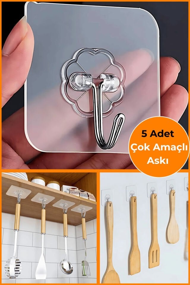 5 Adet Güçlü Şeffaf Duvar Askısı Askılığı Yapışkan Vantuz Kanca Mutfak Banyo Aksesuar