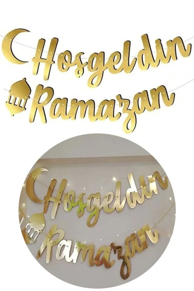 Hoşgeldin Ramazan Yazılı Kaligrafi Banner Gold 200x30cm Ramazan Bayramı Altın Renginde Ipli Süs Yazı