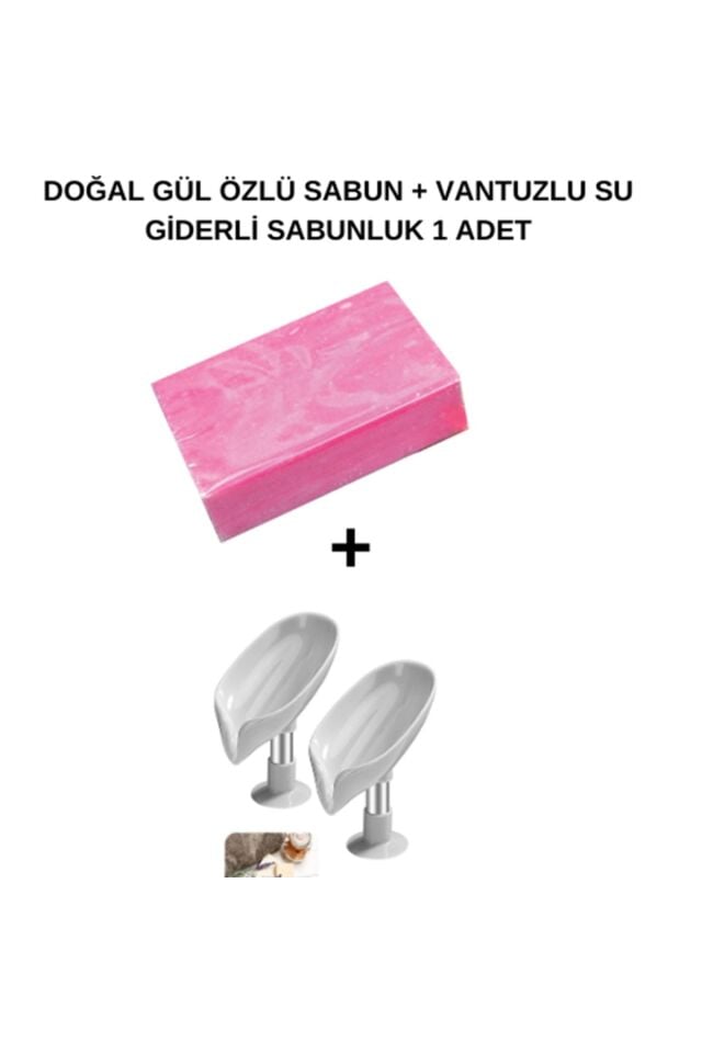 Doğal Gül Özlü Sabun + Vantuzlu Su Giderli Sabunluk Set