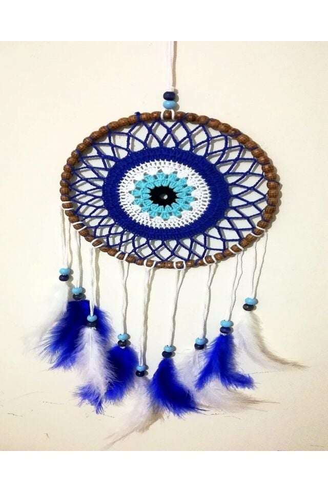 Nazar Boncuğu Desenli Kuş Tüylü El Yapımı Düş Kapanı Duvar Süsü