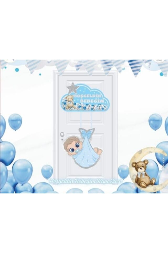 Hoşgeldin Bebeğim kalın karton Kapı süsü MAVİ GÜMÜŞ