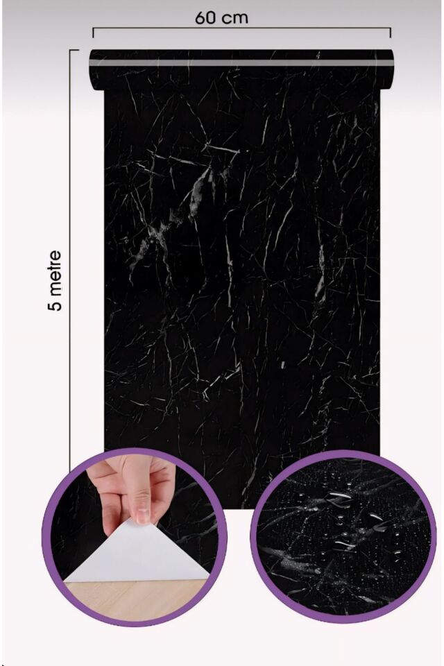 Mermer Desenli Siyah Folyo Kaplama 5 Metre Tezgah Dolap Mutfak Kağıdı Yapışkanlı 5m X 60 Cm