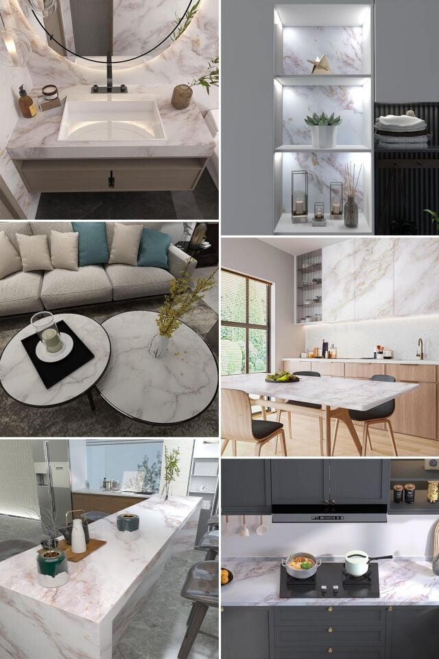 5 metre x 60 cm Mermer Desenli Masa Tezgah Mutfak Su Geçirmez Yapışkanlı Folyo Sticker Beyaz