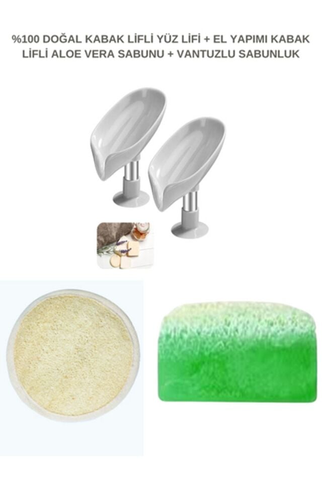 Vantuzlu Su Giderli Sabunluk,%100 Doğal Kabak Lifli Aloe Vera Sabunu, Kabak Lifli Yüz Lifi, 3 Lü Set