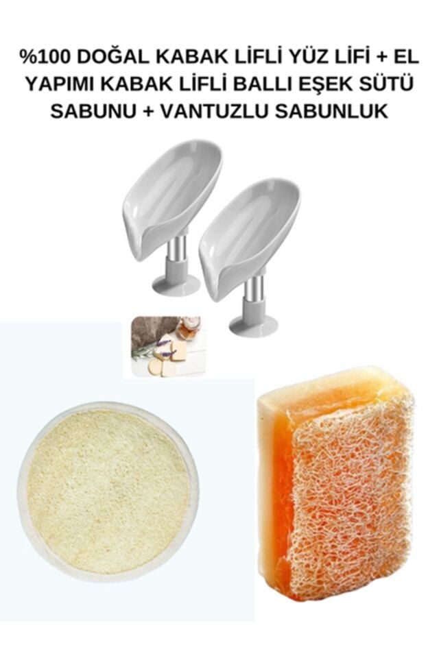 Vantuzlu Su Giderli Sabunluk, %100 Doğal Kabak Lifli Ballı Eşek Sütü Sabunu, Kabak Yüz Lifi 3lü Set