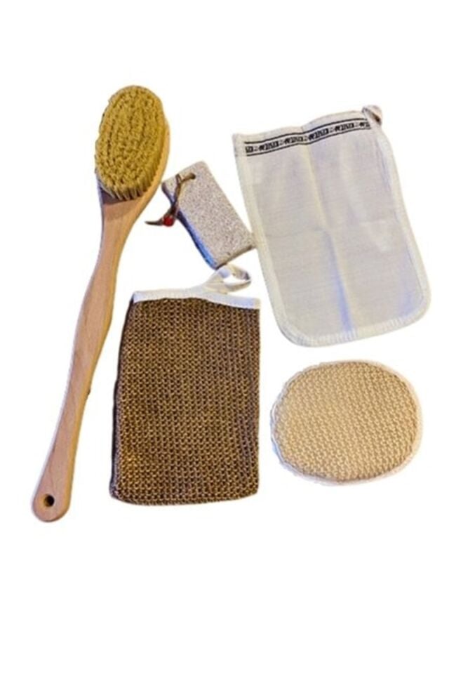 %100 Doğal Keten Banyo Lif, Tampiko Otu Vücut Fırçası, Yüz Lifi, Kese Ve Ponza Taşı 5'li Banyo Seti