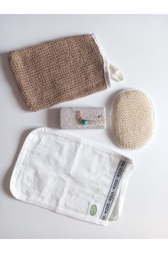 Doğal Keten Banyo Vücut Lifi, Doğal Yüz Lifi, Kesecim Kese Ve Topuk Taşı 4'lü Hamam Banyo Set