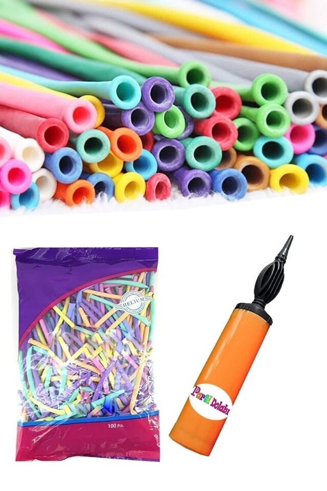 Karışık Renklerde Uzun Ince Sosis Balon 30 Adet Ve Balon Pompası