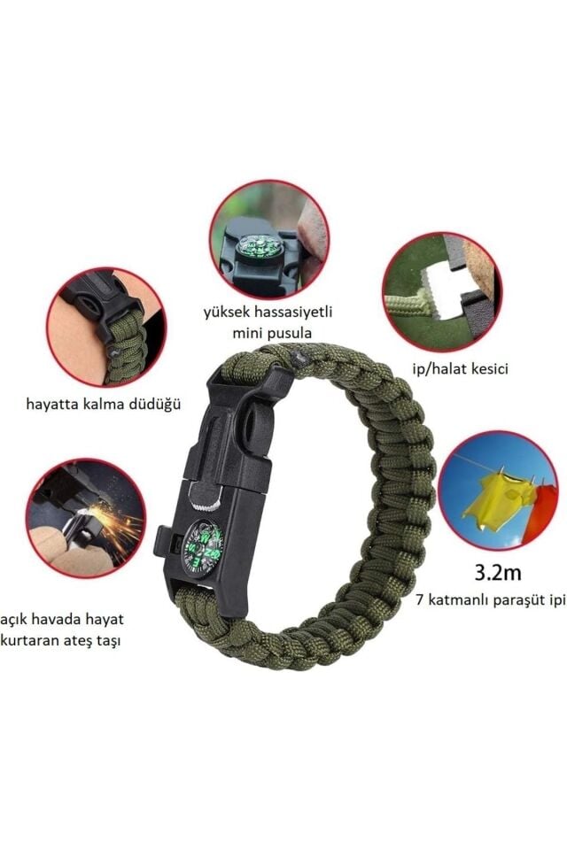 Deprem Bileklik Taktikal Yeşil Taktik Bileklik Magnezyum Çubuklu Düdüklü Unisex Bileklik Hediyelik