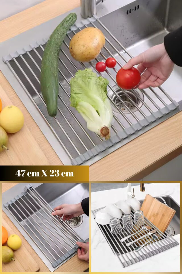 47 CM Paslanmaz Çelik Katlanabilir Sebze Meyve Bulaşık Kurutma Süzgeçi | Çok Amaçlı Nihale