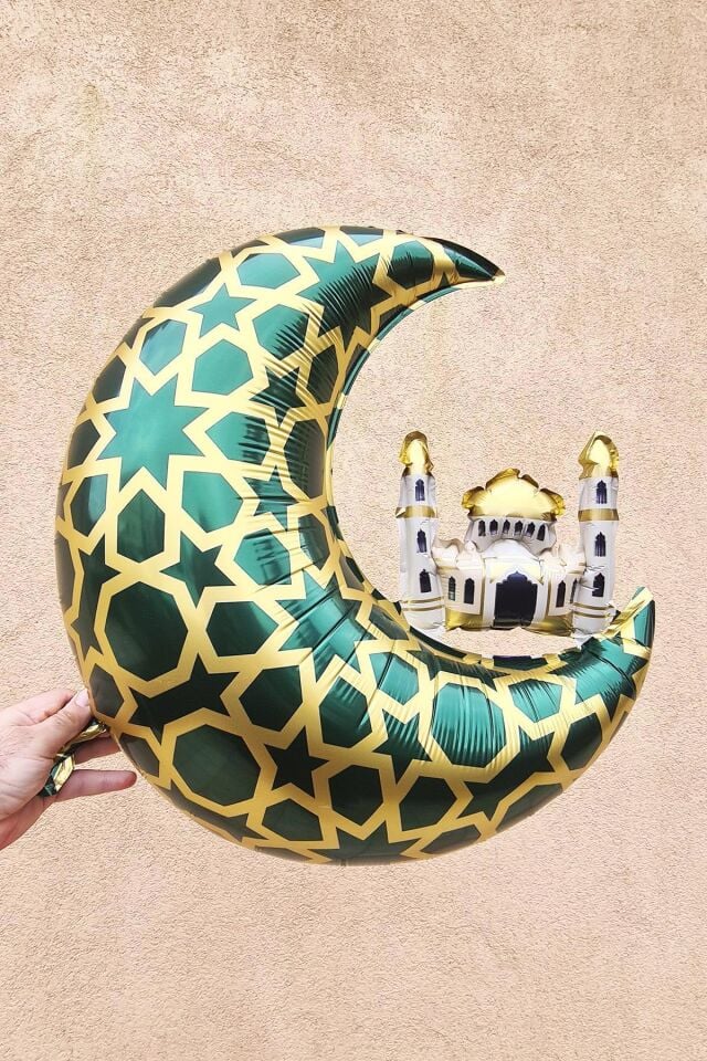 Cami Figürlü Ay Balon Yeşil - Ramazan Süsleri Ay Şekilli Camili Folyo Balon