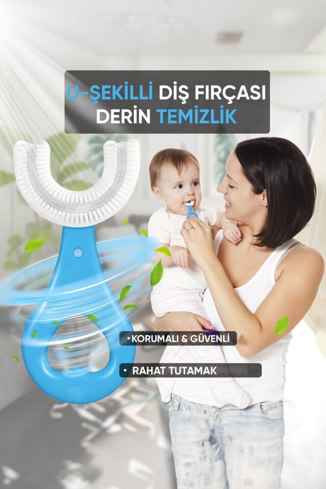 Çocuk Diş Fırçası U Şeklinde Pratik Bebek Diş Fırçası Saplı 2-6 Yaş Mavi 360 Derece Döner