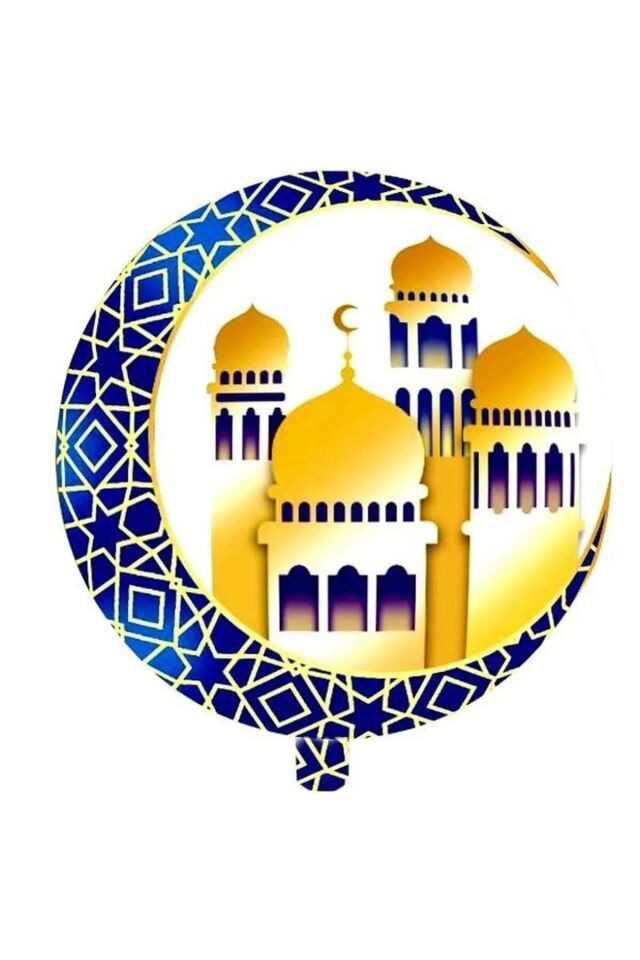 YUVARLAK RAMAZAN KUBBELİ HİLAL FİGÜRLÜ MAVİ FOLYO BALON 18 İNC