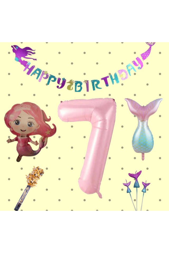 Deniz Kızı Konsept 7 Yaş Doğum Günü Seti Partisi Denizkızı Parti Folyo Balon Mum Uzar Yazı Bayrak