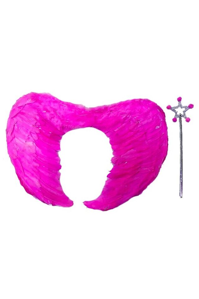 Gerçek Tüylü Katlanabilir Çocuk Pembe Melek Kanadı ve Asa Seti 40x55 cm