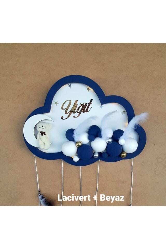 Kişiye Özel İsim Yazılı El Işi Led Işıklı Bulut Tasarımlı Bebek Odası Hastane Ev Kapı Süsü