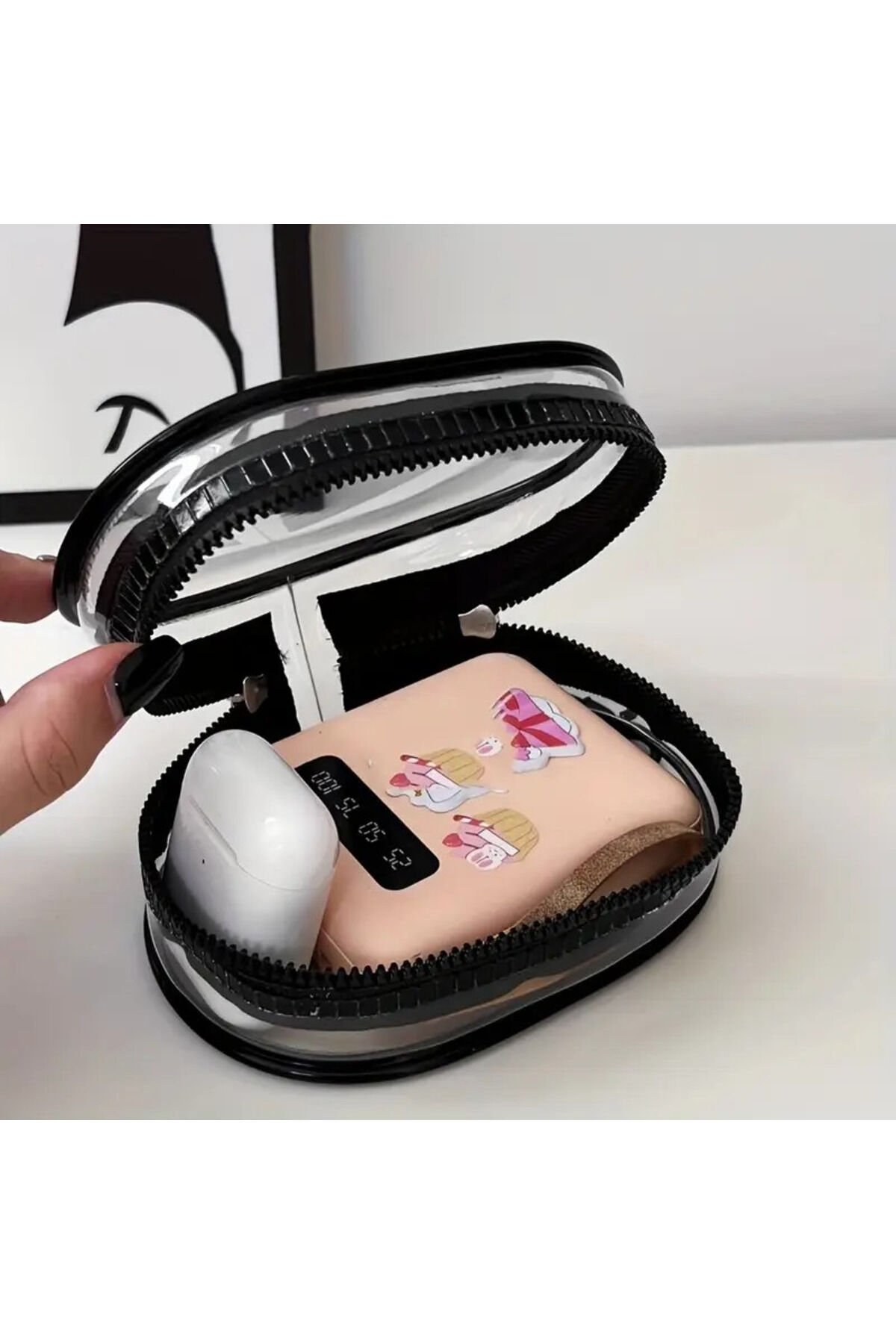 Şeffaf Mini Çanta Fermuarlı -siyah- Klipsli Kulaklık Şarj Anahtar Düzenleyici Yılbaşı Hediyelik