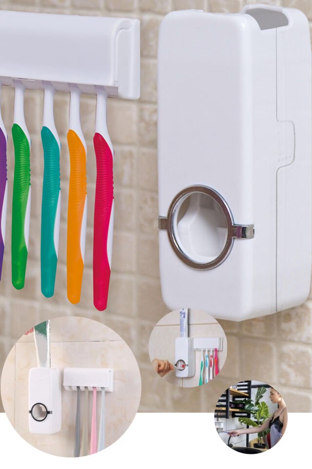 Otomatik Diş Macunu Sıkacağı Ve 5li Diş Fırçası Tutucu Askı Seti